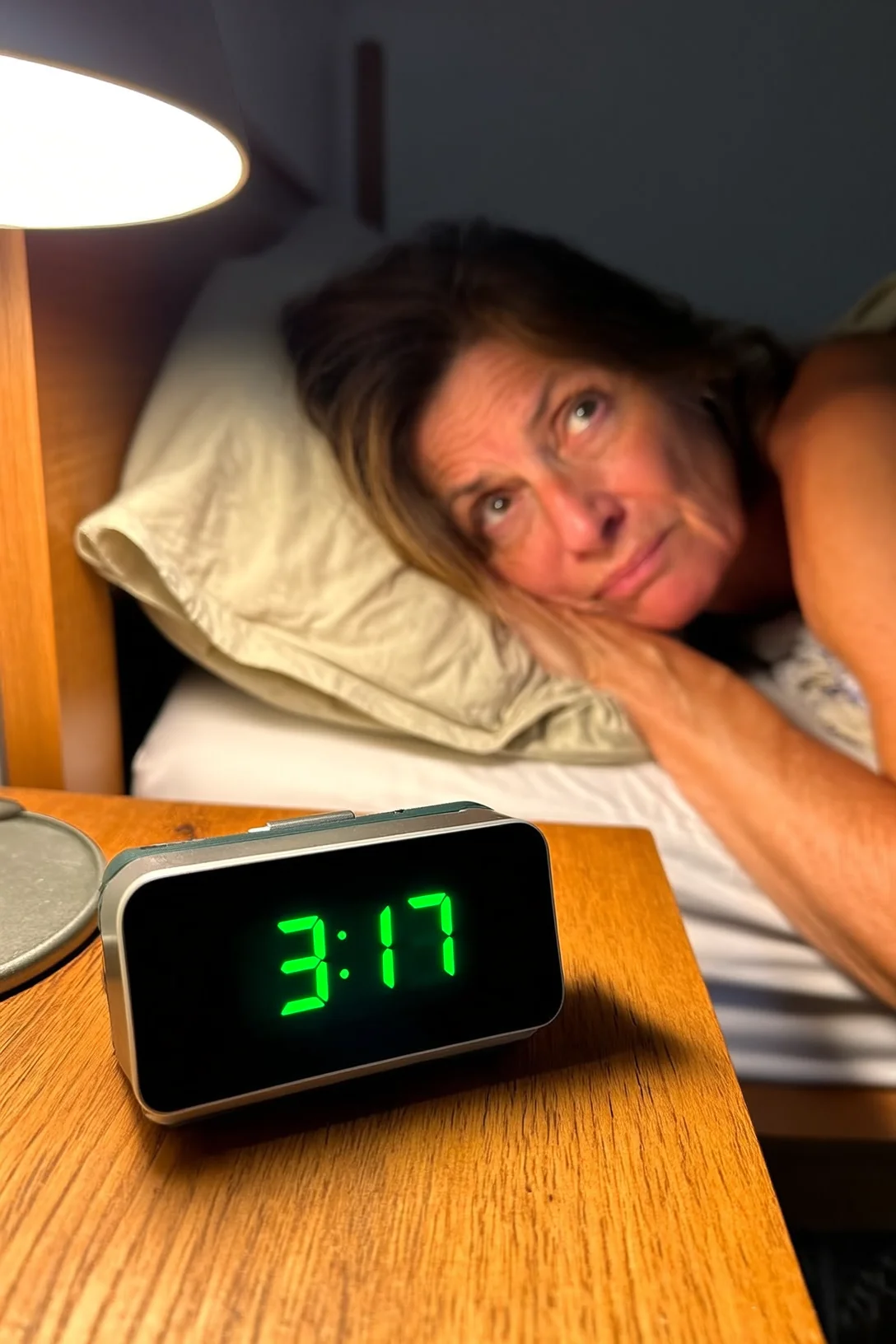 Mujer despierta de madrugada junto al despertador