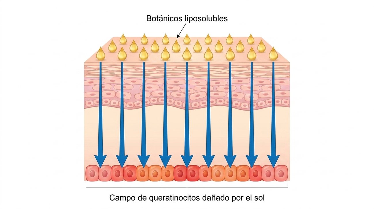 Diagrama de penetración de botánicos liposolubles hasta el campo de queratinocitos dañado por el sol